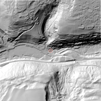 Shaded relief map of the ground around GL68HN, computed from Environment Agency LiDAR. The ground here sits at about 72 m above sea level and falls 109 m across the surrounding 800 m. Surface water reaching this point runs off ground lying to the north-north-east, 95.4 m higher.