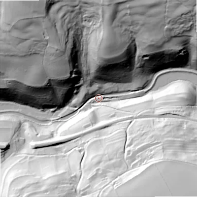 Shaded relief map of the ground around GL68JQ, computed from Environment Agency LiDAR. The ground here sits at about 92 m above sea level and falls 93 m across the surrounding 800 m. Surface water reaching this point runs off ground lying to the south-east, 89.2 m higher.