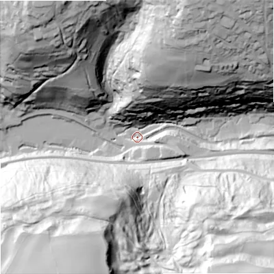 Shaded relief map of the ground around GL68NR, computed from Environment Agency LiDAR. The ground here sits at about 73 m above sea level and falls 113 m across the surrounding 800 m. Surface water reaching this point runs off ground lying to the north-north-east, 84.2 m higher.