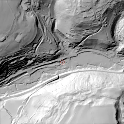 Shaded relief map of the ground around GL68NS, computed from Environment Agency LiDAR. The ground here sits at about 70 m above sea level and falls 112 m across the surrounding 800 m. Surface water reaching this point runs off ground lying to the north-north-east, 7.4 m higher.