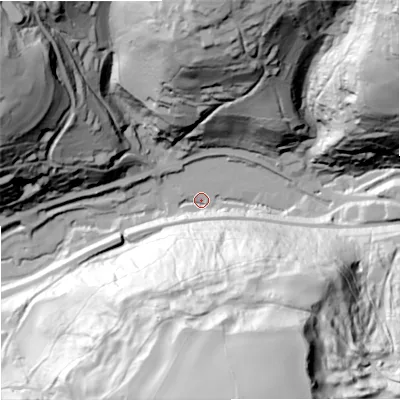 Shaded relief map of the ground around GL68NT, computed from Environment Agency LiDAR. The ground here sits at about 70 m above sea level and falls 112 m across the surrounding 800 m. Surface water reaching this point runs off ground lying to the south-south-east, 109.0 m higher.
