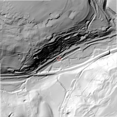 Shaded relief map of the ground around GL68NU, computed from Environment Agency LiDAR. The ground here sits at about 67 m above sea level and falls 125 m across the surrounding 800 m. Surface water reaching this point runs off ground lying to the north-west, 121.2 m higher.