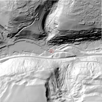 Shaded relief map of the ground around GL68NW, computed from Environment Agency LiDAR. The ground here sits at about 74 m above sea level and falls 114 m across the surrounding 800 m. Surface water reaching this point runs off ground lying to the south-east, 108.0 m higher.