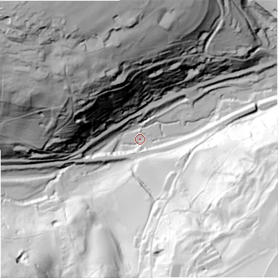 Shaded relief map of the ground around GL68NX, computed from Environment Agency LiDAR. The ground here sits at about 66 m above sea level and falls 122 m across the surrounding 800 m. Surface water reaching this point runs off ground lying to the south-east, 110.9 m higher.