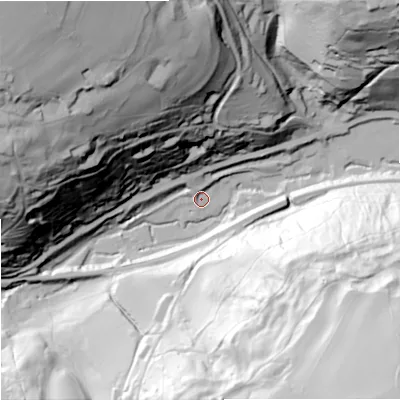Shaded relief map of the ground around GL68PF, computed from Environment Agency LiDAR. The ground here sits at about 68 m above sea level and falls 119 m across the surrounding 800 m. Surface water reaching this point runs off ground lying to the north-west, 117.9 m higher.