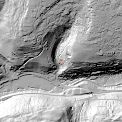 Shaded relief map of the ground around GL68PN, computed from Environment Agency LiDAR. The ground here sits at about 98 m above sea level and falls 108 m across the surrounding 800 m. Surface water reaching this point runs off ground lying to the north-north-east, 86.2 m higher.