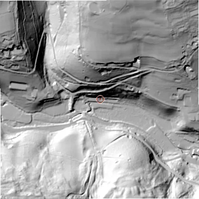 Shaded relief map of the ground around GL69AL, computed from Environment Agency LiDAR. The ground here sits at about 71 m above sea level and falls 92 m across the surrounding 800 m. Surface water reaching this point runs off ground lying to the north-north-east, 23.4 m higher.