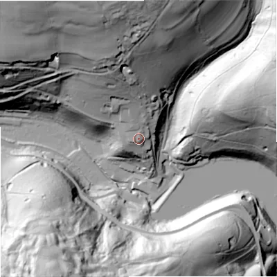 Shaded relief map of the ground around GL69AN, computed from Environment Agency LiDAR. The ground here sits at about 96 m above sea level and falls 89 m across the surrounding 800 m. Surface water reaching this point runs off ground lying to the north-north-west, 20.4 m higher.