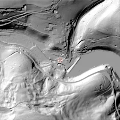 Shaded relief map of the ground around GL69AW, computed from Environment Agency LiDAR. The ground here sits at about 72 m above sea level and falls 112 m across the surrounding 800 m. Surface water reaching this point runs off ground lying to the north, 20.8 m higher.