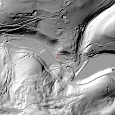 Shaded relief map of the ground around GL69LR, computed from Environment Agency LiDAR. The ground here sits at about 71 m above sea level and falls 108 m across the surrounding 800 m. Surface water reaching this point runs off ground lying to the south-south-west, 105.2 m higher.