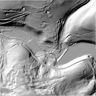 Shaded relief map of the ground around GL69LS, computed from Environment Agency LiDAR. The ground here sits at about 71 m above sea level and falls 110 m across the surrounding 800 m. Surface water reaching this point runs off ground lying to the north-north-east, 25.2 m higher.