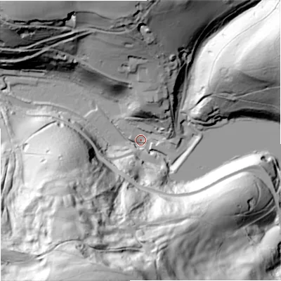 Shaded relief map of the ground around GL69LT, computed from Environment Agency LiDAR. The ground here sits at about 71 m above sea level and falls 112 m across the surrounding 800 m. Surface water reaching this point runs off ground lying to the south-south-west, 109.0 m higher.