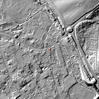 Shaded relief map of the ground around GL71AB, computed from Environment Agency LiDAR. The ground here sits at about 108 m above sea level and falls 15 m across the surrounding 800 m. Surface water reaching this point runs off ground lying to the north-north-east, 6.0 m higher.