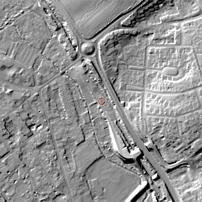 Shaded relief map of the ground around GL71BN, computed from Environment Agency LiDAR. The ground here sits at about 109 m above sea level and falls 16 m across the surrounding 800 m. Surface water reaching this point runs off ground lying to the north-north-east, 10.2 m higher.