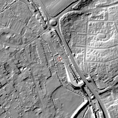 Shaded relief map of the ground around GL71BW, computed from Environment Agency LiDAR. The ground here sits at about 108 m above sea level and falls 16 m across the surrounding 800 m. Surface water reaching this point runs off ground lying to the north-north-east, 10.4 m higher.