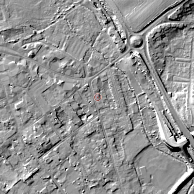 Shaded relief map of the ground around GL71EN, computed from Environment Agency LiDAR. The ground here sits at about 108 m above sea level and falls 13 m across the surrounding 800 m. Surface water reaching this point runs off ground lying to the west, 1.3 m higher.