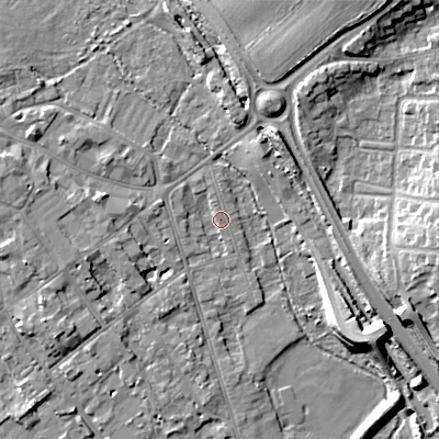 Shaded relief map of the ground around GL71EP, computed from Environment Agency LiDAR. The ground here sits at about 108 m above sea level and falls 14 m across the surrounding 800 m. Surface water reaching this point runs off ground lying to the north, 6.5 m higher.