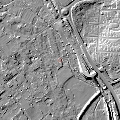 Shaded relief map of the ground around GL71ER, computed from Environment Agency LiDAR. The ground here sits at about 107 m above sea level and falls 15 m across the surrounding 800 m. Surface water reaching this point runs off ground lying to the north, 6.8 m higher.