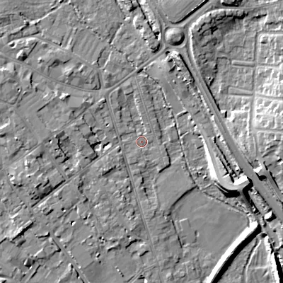 Shaded relief map of the ground around GL71EW, computed from Environment Agency LiDAR. The ground here sits at about 108 m above sea level and falls 13 m across the surrounding 800 m. Surface water reaching this point runs off ground lying to the north, 6.5 m higher.