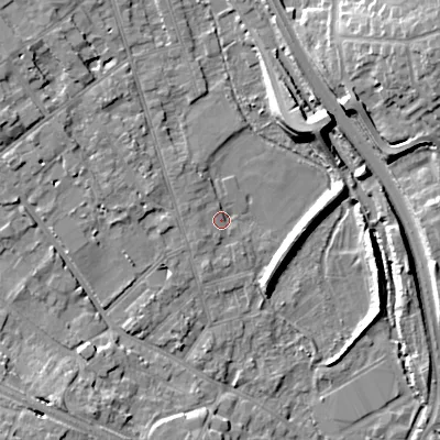 Shaded relief map of the ground around GL71EX, computed from Environment Agency LiDAR. The ground here sits at about 107 m above sea level and falls 16 m across the surrounding 800 m. Surface water reaching this point runs off ground lying to the west, 2.4 m higher.