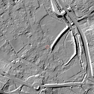 Shaded relief map of the ground around GL71EZ, computed from Environment Agency LiDAR. The ground here sits at about 107 m above sea level and falls 16 m across the surrounding 800 m. Surface water reaching this point runs off ground lying to the north-north-east, 10.2 m higher.