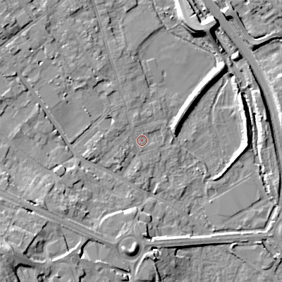 Shaded relief map of the ground around GL71HA, computed from Environment Agency LiDAR. The ground here sits at about 106 m above sea level and falls 18 m across the surrounding 800 m. Surface water reaching this point runs off ground lying to the north-west, 5.8 m higher.