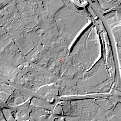 Shaded relief map of the ground around GL71HB, computed from Environment Agency LiDAR. The ground here sits at about 106 m above sea level and falls 17 m across the surrounding 800 m. Surface water reaching this point runs off ground lying to the south-west, 0.7 m higher.