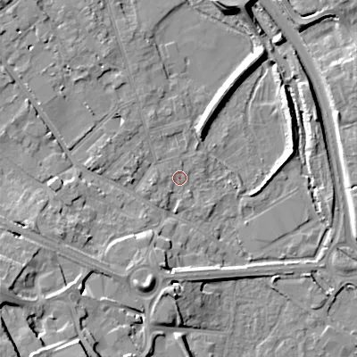 Shaded relief map of the ground around GL71HH, computed from Environment Agency LiDAR. The ground here sits at about 106 m above sea level and falls 17 m across the surrounding 800 m. Surface water reaching this point runs off ground lying to the west, 1.7 m higher.