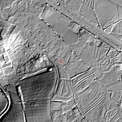 Shaded relief map of the ground around GL71JD, computed from Environment Agency LiDAR. The ground here sits at about 103 m above sea level and falls 16 m across the surrounding 800 m. Surface water reaching this point runs off ground lying to the west, 1.6 m higher.