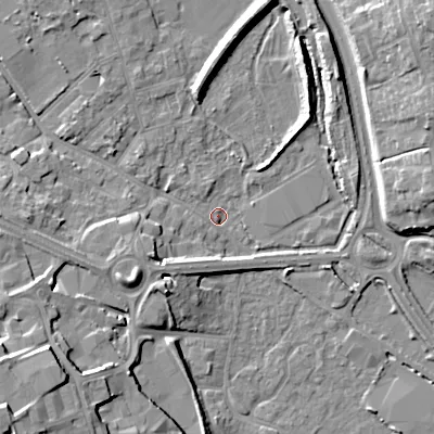 Shaded relief map of the ground around GL71LF, computed from Environment Agency LiDAR. The ground here sits at about 105 m above sea level and falls 18 m across the surrounding 800 m. Surface water reaching this point runs off ground lying to the west, 8.1 m higher.