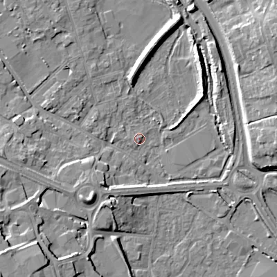 Shaded relief map of the ground around GL71LG, computed from Environment Agency LiDAR. The ground here sits at about 106 m above sea level and falls 17 m across the surrounding 800 m. Surface water reaching this point runs off ground lying to the west, 8.7 m higher.