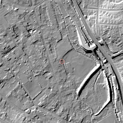 Shaded relief map of the ground around GL71LJ, computed from Environment Agency LiDAR. The ground here sits at about 107 m above sea level and falls 16 m across the surrounding 800 m. Surface water reaching this point runs off ground lying to the west-north-west, 3.2 m higher.