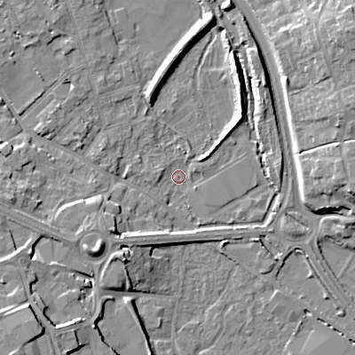 Shaded relief map of the ground around GL71LN, computed from Environment Agency LiDAR. The ground here sits at about 105 m above sea level and falls 16 m across the surrounding 800 m. Surface water reaching this point runs off ground lying to the west, 8.1 m higher.