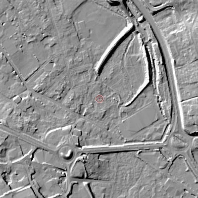 Shaded relief map of the ground around GL71LQ, computed from Environment Agency LiDAR. The ground here sits at about 105 m above sea level and falls 16 m across the surrounding 800 m. Surface water reaching this point runs off ground lying to the west-south-west, 8.7 m higher.