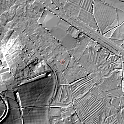 Shaded relief map of the ground around GL71LR, computed from Environment Agency LiDAR. The ground here sits at about 103 m above sea level and falls 15 m across the surrounding 800 m. The ground contributing surface water to this point lies to the west.