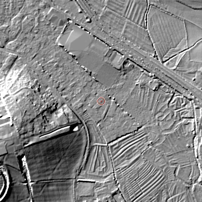 Shaded relief map of the ground around GL71LY, computed from Environment Agency LiDAR. The ground here sits at about 102 m above sea level and falls 15 m across the surrounding 800 m. Surface water reaching this point runs off ground lying to the south-south-west, 0.8 m higher.
