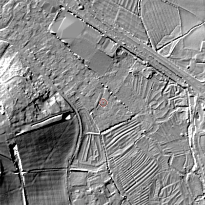 Shaded relief map of the ground around GL71LZ, computed from Environment Agency LiDAR. The ground here sits at about 102 m above sea level and falls 16 m across the surrounding 800 m. Surface water reaching this point runs off ground lying to the west-south-west, 0.5 m higher.