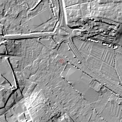 Shaded relief map of the ground around GL71NP, computed from Environment Agency LiDAR. The ground here sits at about 104 m above sea level and falls 19 m across the surrounding 800 m. Surface water reaching this point runs off ground lying to the north-west, 0.9 m higher.