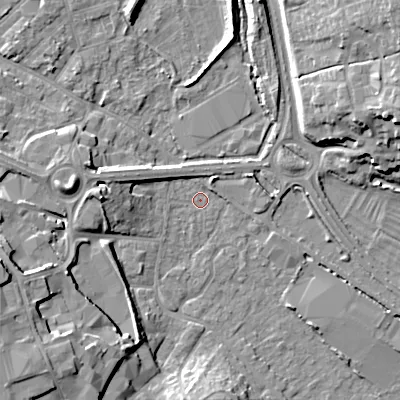 Shaded relief map of the ground around GL71NR, computed from Environment Agency LiDAR. The ground here sits at about 104 m above sea level and falls 17 m across the surrounding 800 m. Surface water reaching this point runs off ground lying to the west, 7.9 m higher.