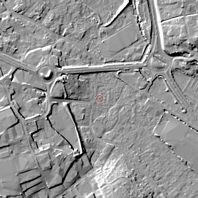 Shaded relief map of the ground around GL71NS, computed from Environment Agency LiDAR. The ground here sits at about 104 m above sea level and falls 17 m across the surrounding 800 m. Surface water reaching this point runs off ground lying to the west-south-west, 15.4 m higher.