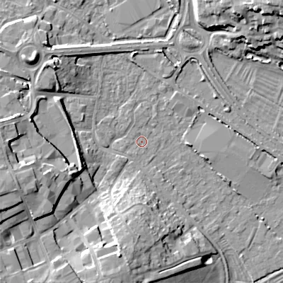 Shaded relief map of the ground around GL71PA, computed from Environment Agency LiDAR. The ground here sits at about 103 m above sea level and falls 17 m across the surrounding 800 m. Surface water reaching this point runs off ground lying to the west-south-west, 14.2 m higher.