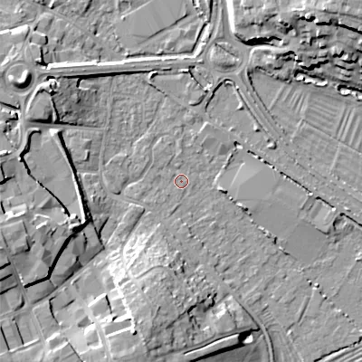Shaded relief map of the ground around GL71PB, computed from Environment Agency LiDAR. The ground here sits at about 103 m above sea level and falls 18 m across the surrounding 800 m. Surface water reaching this point runs off ground lying to the west-south-west, 13.6 m higher.