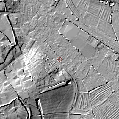 Shaded relief map of the ground around GL71PE, computed from Environment Agency LiDAR. The ground here sits at about 103 m above sea level and falls 18 m across the surrounding 800 m. Surface water reaching this point runs off ground lying to the south-west, 11.4 m higher.