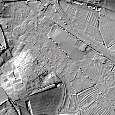 Shaded relief map of the ground around GL71PJ, computed from Environment Agency LiDAR. The ground here sits at about 103 m above sea level and falls 16 m across the surrounding 800 m. Surface water reaching this point runs off ground lying to the south-west, 13.4 m higher.