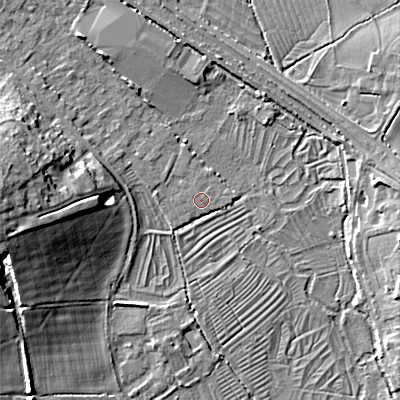 Shaded relief map of the ground around GL71PL, computed from Environment Agency LiDAR. The ground here sits at about 102 m above sea level and falls 15 m across the surrounding 800 m. The ground contributing surface water to this point lies to the north-east.