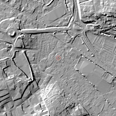 Shaded relief map of the ground around GL71PS, computed from Environment Agency LiDAR. The ground here sits at about 104 m above sea level and falls 17 m across the surrounding 800 m. Surface water reaching this point runs off ground lying to the west-south-west, 14.1 m higher.