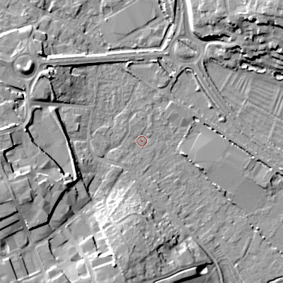 Shaded relief map of the ground around GL71ZG, computed from Environment Agency LiDAR. The ground here sits at about 104 m above sea level and falls 17 m across the surrounding 800 m. Surface water reaching this point runs off ground lying to the west-south-west, 14.1 m higher.