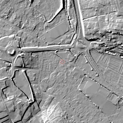 Shaded relief map of the ground around GL71ZT, computed from Environment Agency LiDAR. The ground here sits at about 104 m above sea level and falls 19 m across the surrounding 800 m. Surface water reaching this point runs off ground lying to the south-west, 13.7 m higher.