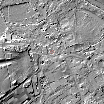 Shaded relief map of the ground around GL72AA, computed from Environment Agency LiDAR. The ground here sits at about 111 m above sea level and falls 16 m across the surrounding 800 m. Surface water reaching this point runs off ground lying to the south-east, 1.6 m higher.