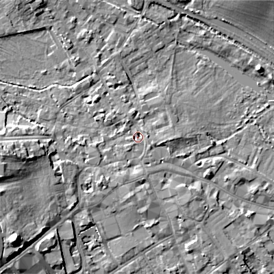Shaded relief map of the ground around GL72AG, computed from Environment Agency LiDAR. The ground here sits at about 111 m above sea level and falls 17 m across the surrounding 800 m. Surface water reaching this point runs off ground lying to the south-west, 2.0 m higher.